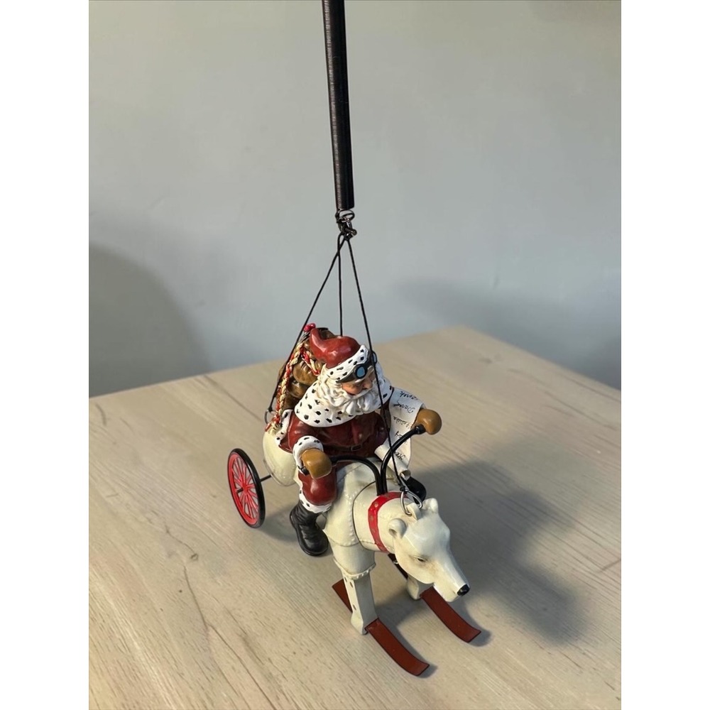 Santa Riding Mechanical Polar Bear Hanging Bouncing Figurine Red White - Read